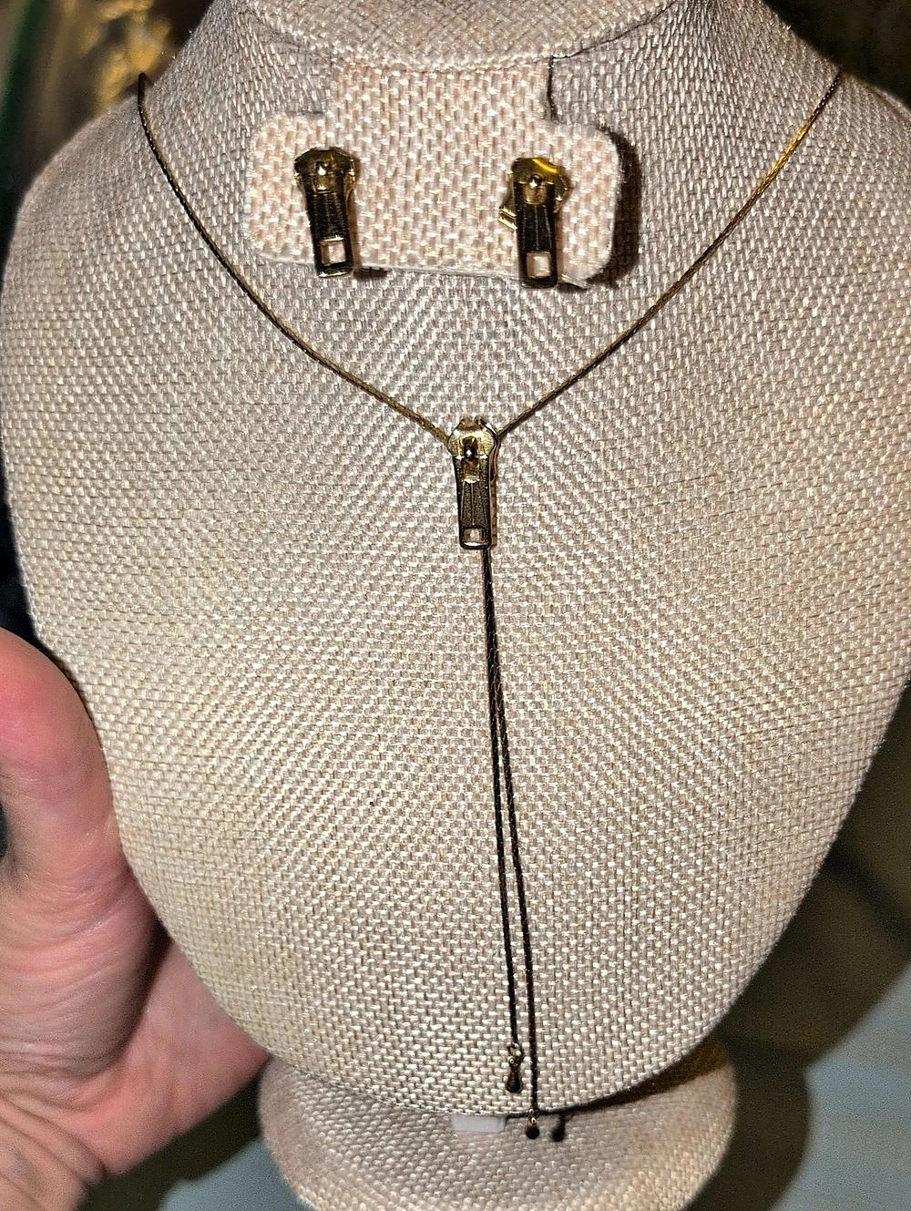 80s Zipper Necklace & Earrings Set In Gold Tone